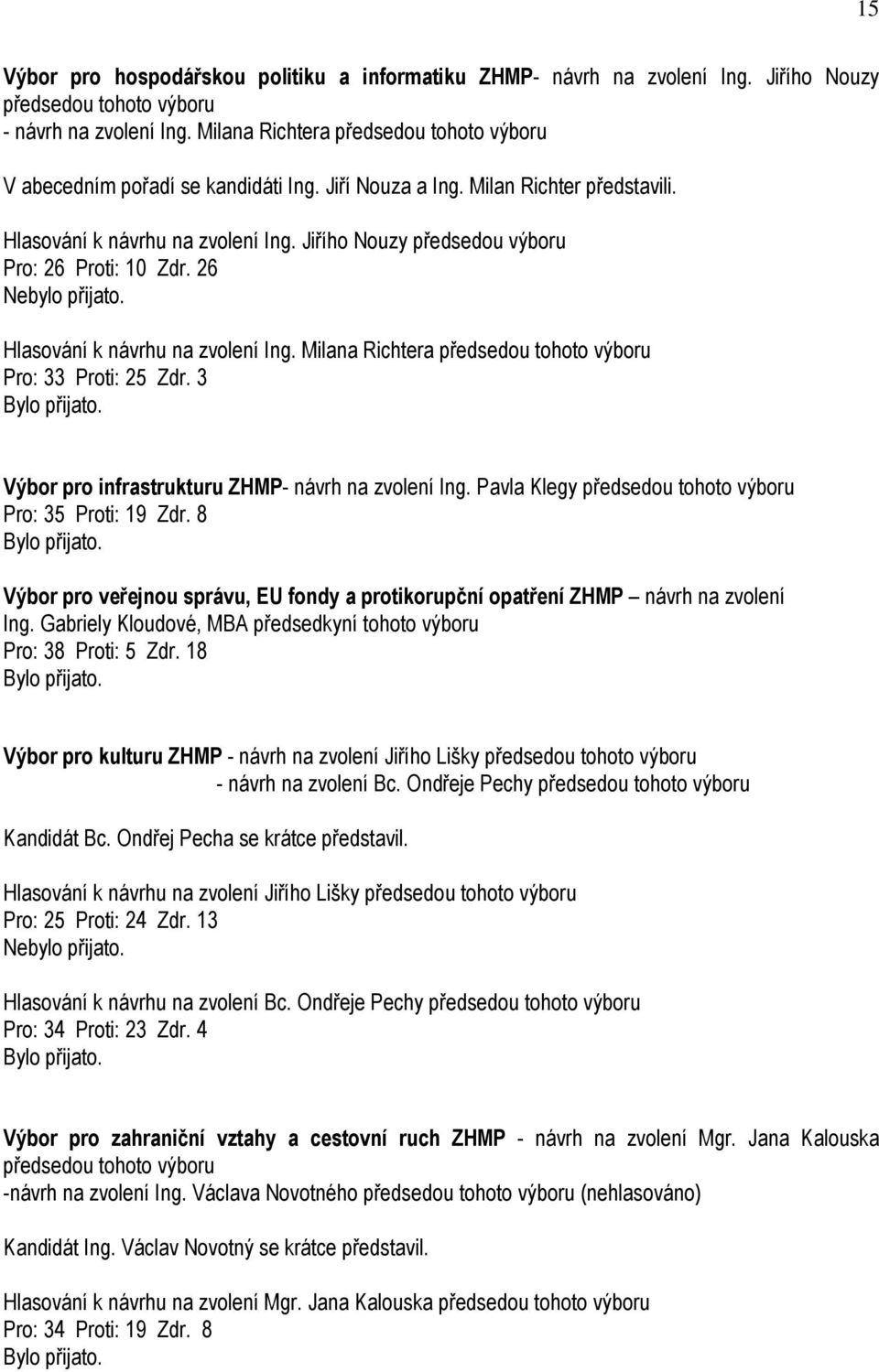 Jiřího Nouzy předsedou výboru Pro: 26 Proti: 10 Zdr. 26 Nebylo přijato. Hlasování k návrhu na zvolení Ing. Milana Richtera předsedou tohoto výboru Pro: 33 Proti: 25 Zdr.