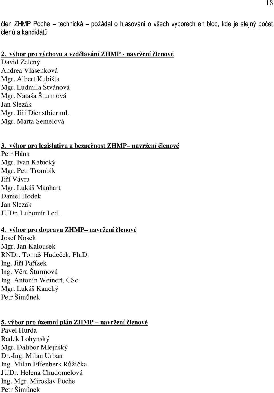 výbor pro legislativu a bezpečnost ZHMP navržení členové Petr Hána Mgr. Ivan Kabický Mgr. Petr Trombik Jiří Vávra Mgr. Lukáš Manhart Daniel Hodek Jan Slezák JUDr. Lubomír Ledl 4.