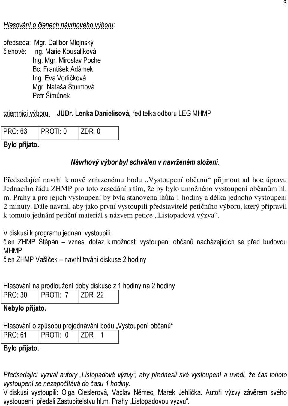 Předsedající navrhl k nově zařazenému bodu Vystoupení občanů přijmout ad hoc úpravu Jednacího řádu ZHMP pro toto zasedání s tím, že by bylo umožněno vystoupení občanům hl. m.