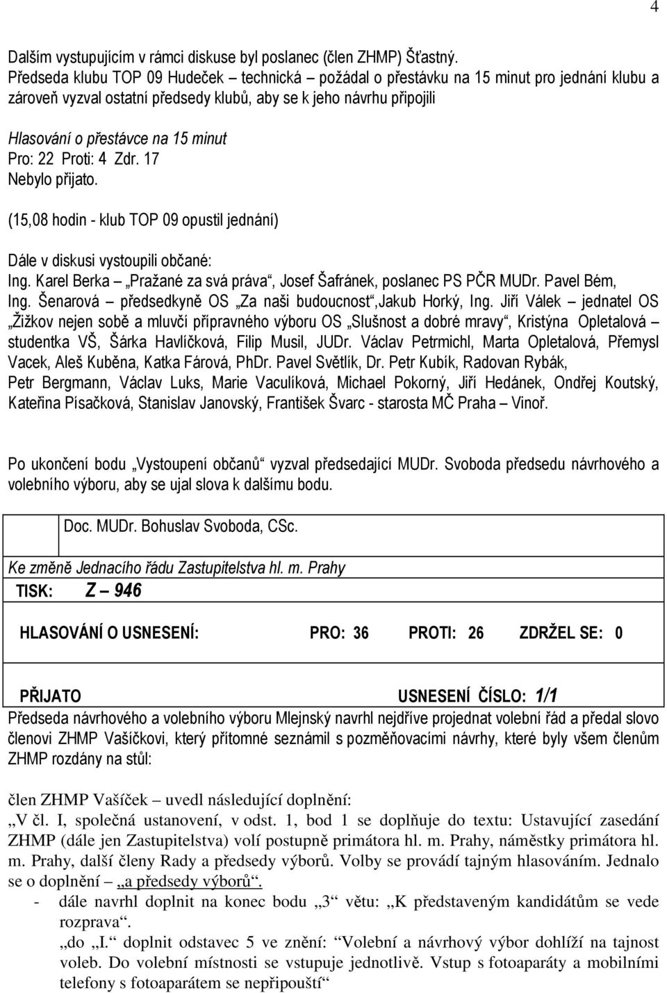 Pro: 22 Proti: 4 Zdr. 17 Nebylo přijato. (15,08 hodin - klub TOP 09 opustil jednání) Dále v diskusi vystoupili občané: Ing. Karel Berka Pražané za svá práva, Josef Šafránek, poslanec PS PČR MUDr.