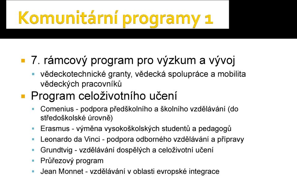 Erasmus - výměna vysokoškolských studentů a pedagogů Leonardo da Vinci - podpora odborného vzdělávání a přípravy