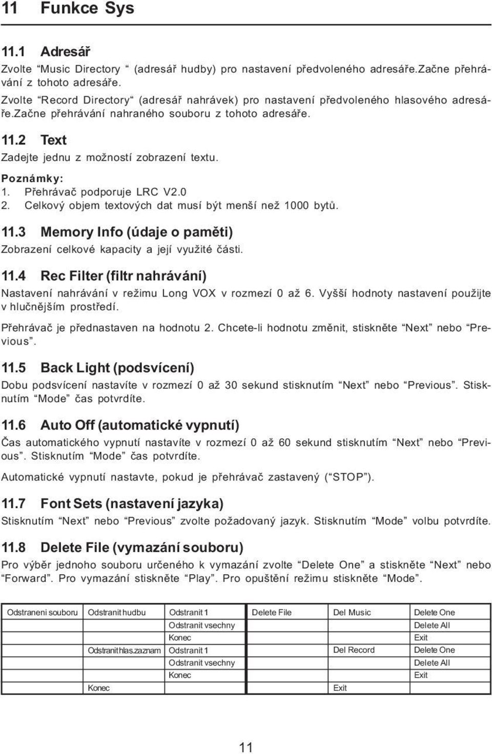 Poznámky: 1. Přehrávač podporuje LRC V2.0 2. Celkový objem textových dat musí být menší než 1000 bytů. 11.3 Memory Info (údaje o paměti) Zobrazení celkové kapacity a její využité části. 11.4 Rec Filter (filtr nahrávání) Nastavení nahrávání v režimu Long VOX v rozmezí 0 až 6.