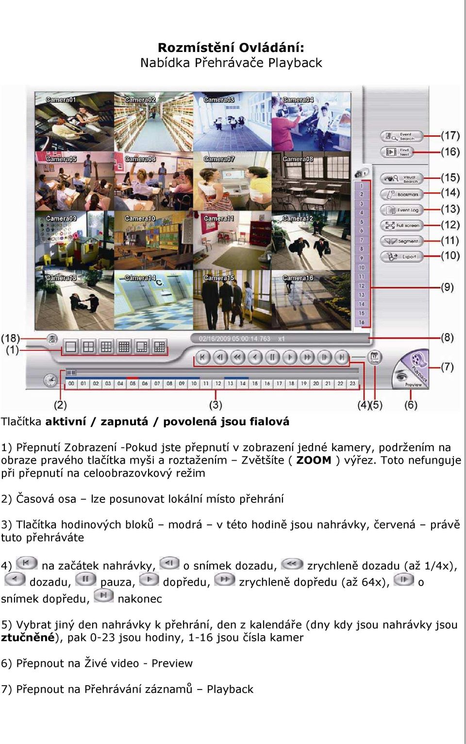 Toto nefunguje při přepnutí na celoobrazovkový režim 2) Časová osa lze posunovat lokální místo přehrání 3) Tlačítka hodinových bloků modrá v této hodině jsou nahrávky, červená právě tuto přehráváte