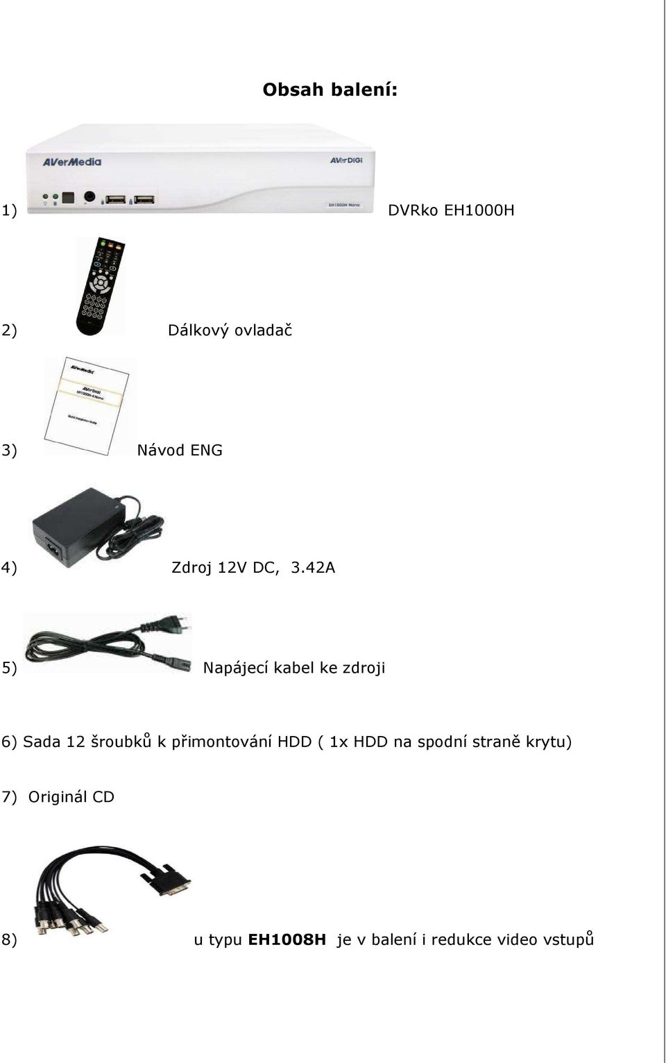 42A 5) Napájecí kabel ke zdroji 6) Sada 12 šroubků k