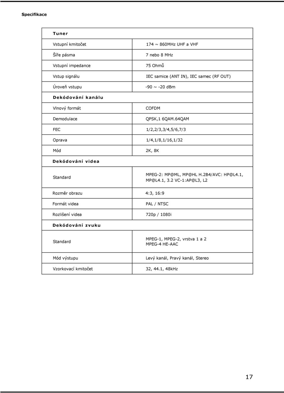 64QAM FEC 1/2,2/3,3/4,5/6,7/3 Oprava 1/4,1/8,1/16,1/32 Mód 2K, 8K Dekódování videa Standard MPEG-2: MP@ML, MP@HL H.2B4/AVC: HP@L4.1, MP@L4.1, 3.