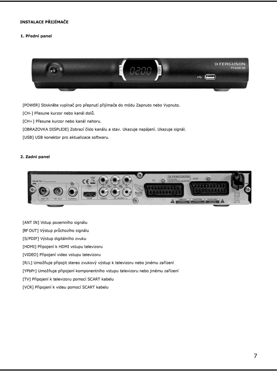 Zadní panel [ANT IN] Vstup pozemního signálu [RF OUT] Výstup průchozího signálu [S/PDIF] Výstup digitálního zvuku [HDMI] Připojení k HDMI vstupu televizoru [VIDEO] Připojení video vstupu