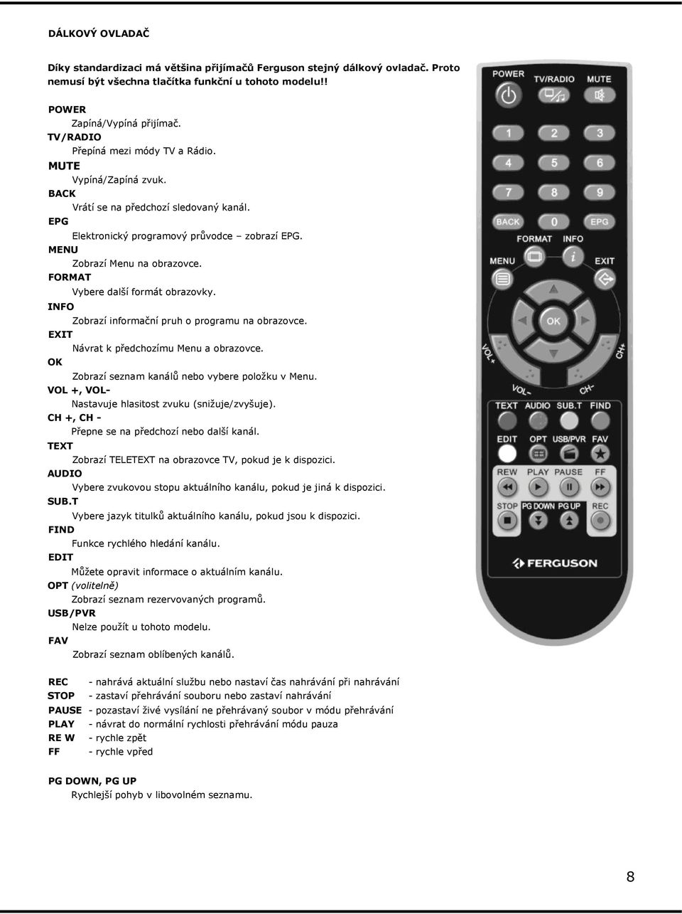 FORMAT Vybere další formát obrazovky. INFO Zobrazí informační pruh o programu na obrazovce. EXIT Návrat k předchozímu Menu a obrazovce. OK Zobrazí seznam kanálů nebo vybere poloţku v Menu.