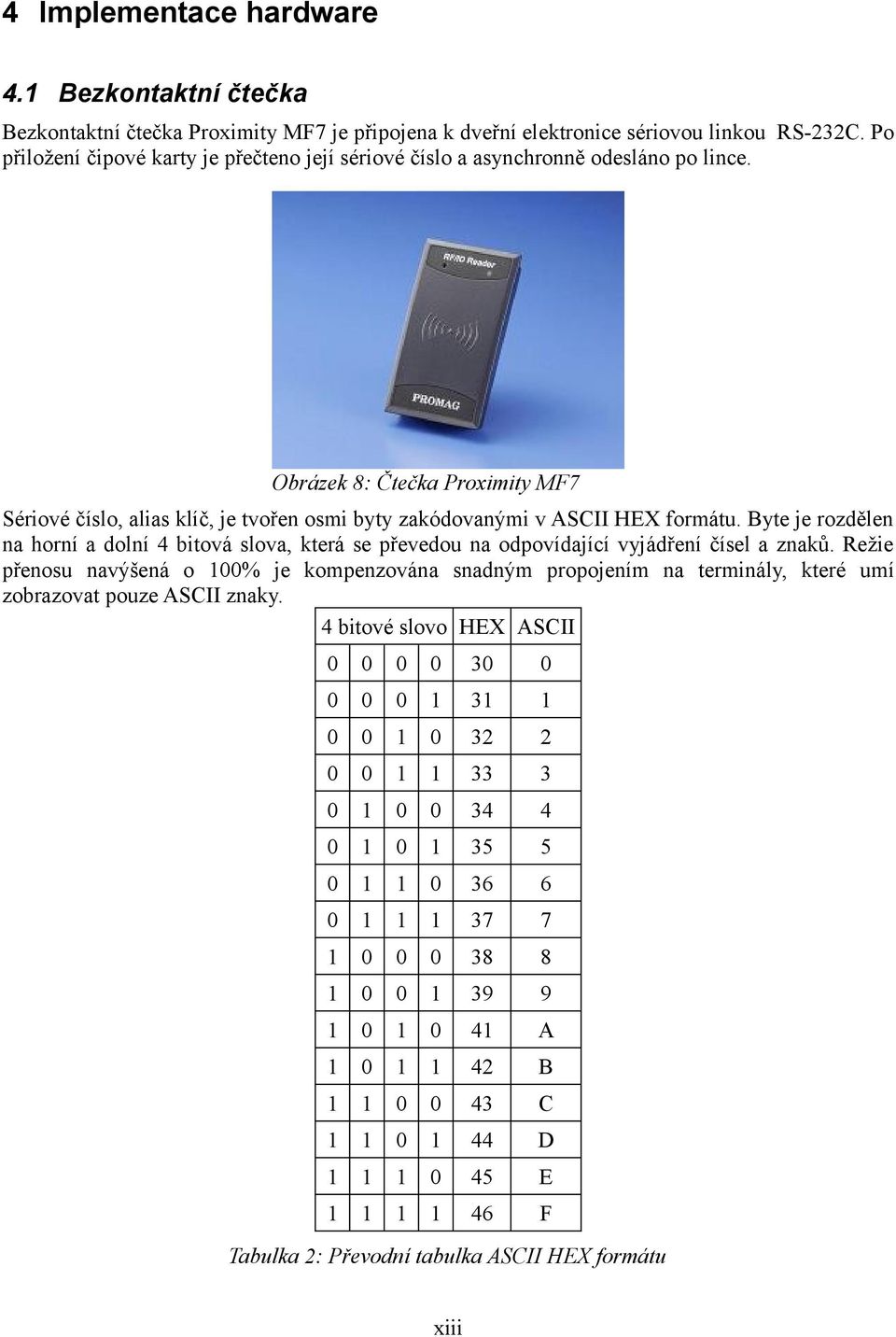 Obrázek 8: Čtečka Proximity MF7 Sériové číslo, alias klíč, je tvořen osmi byty zakódovanými v ASCII HEX formátu.