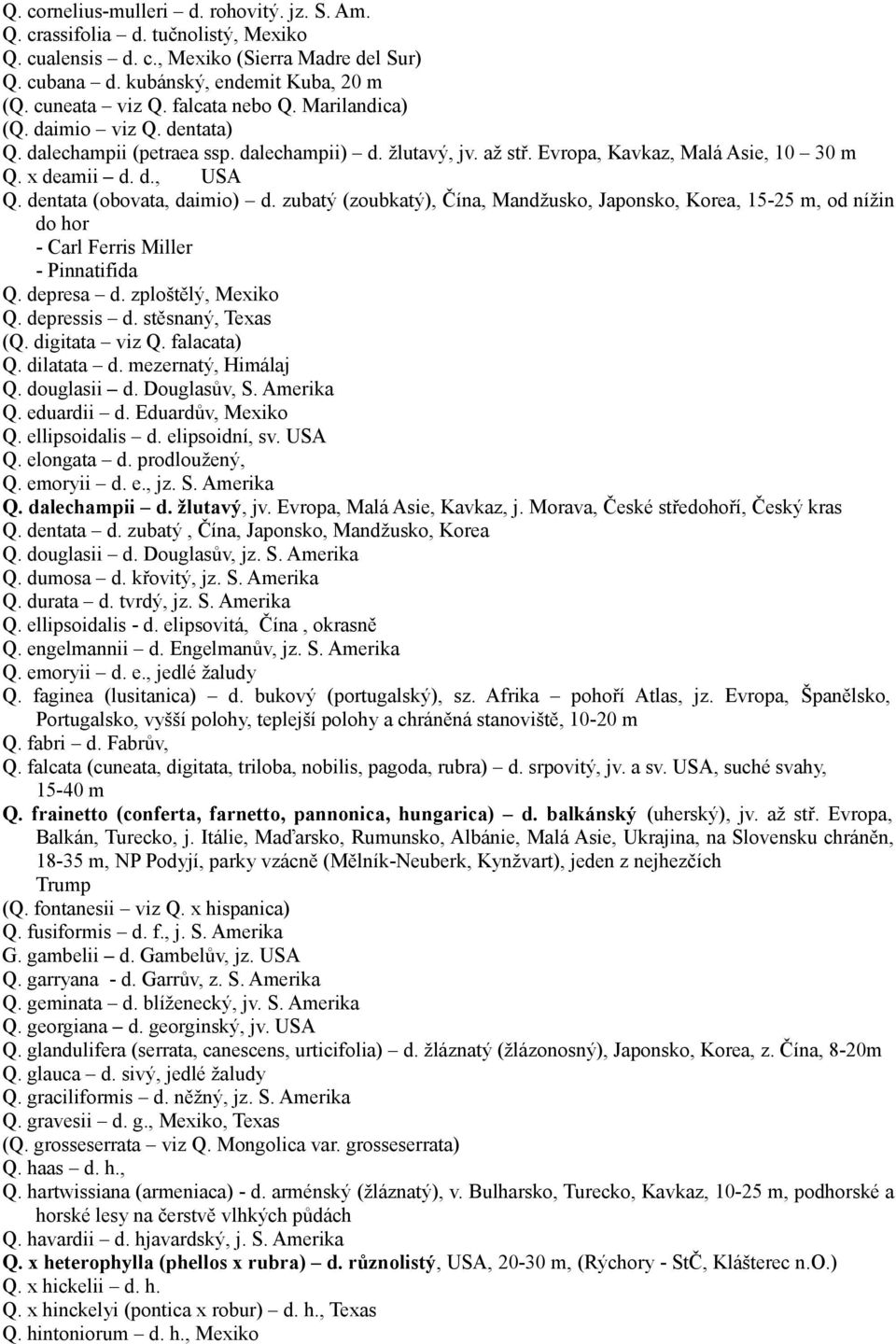 dentata (obovata, daimio) d. zubatý (zoubkatý), Čína, Mandžusko, Japonsko, Korea, 15-25 m, od nížin do hor - Carl Ferris Miller - Pinnatifida Q. depresa d. zploštělý, Mexiko Q. depressis d.