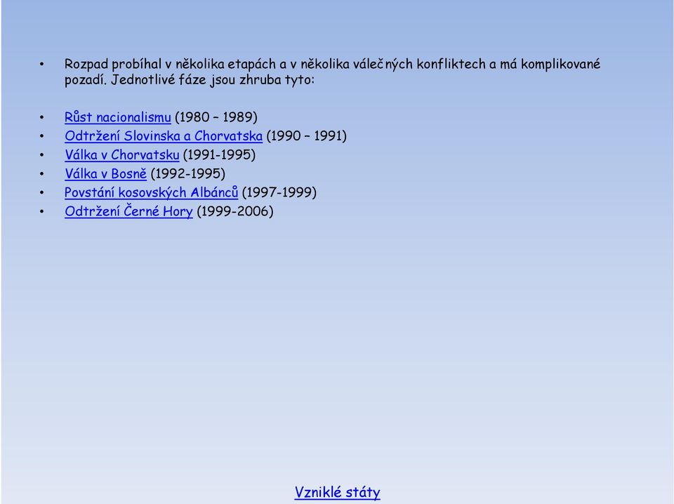 Jednotlivé fáze jsou zhruba tyto: Růst nacionalismu (1980 1989) Odtržení Slovinska a