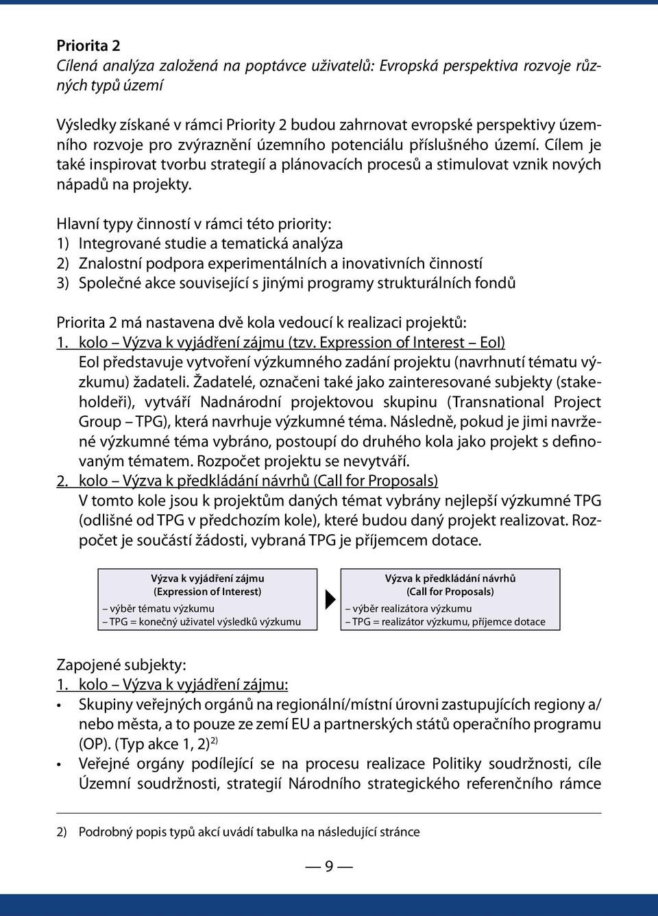 Hlavní typy činností v rámci této priority: 1) Integrované studie a tematická analýza 2) Znalostní podpora experimentálních a inovativních činností 3) Společné akce související s jinými programy