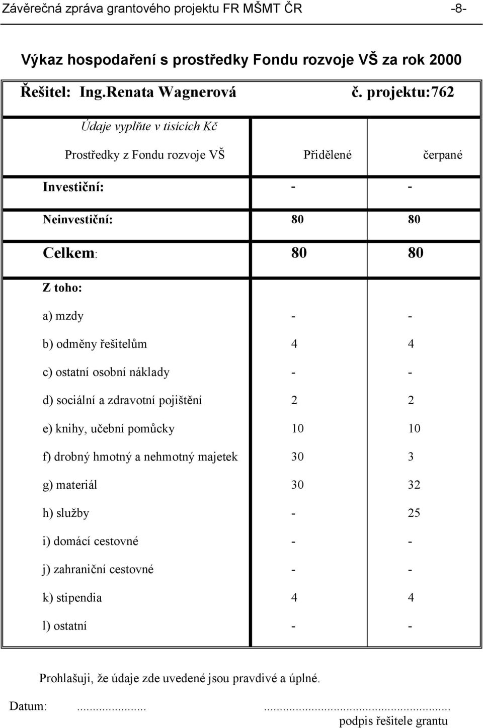 řešitelům c) ostatní osobní náklady d) sociální a zdravotní poištění e) knihy, učební pomůcky f) drobný hmotný a nehmotný maetek g) materiál h) služby i)