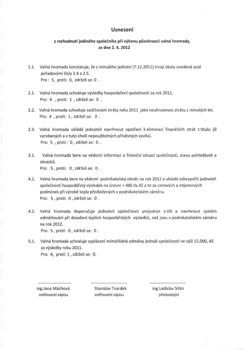 Pro: 4, proti: 1, zdrželi se: O. 2.3. Valná hromada ukládá jednateli navrhnout opatření k eliminaci finančních ztrát z titulu již vyrobených a v tuto chvíli nepoužitelných přívěsných vozíků.