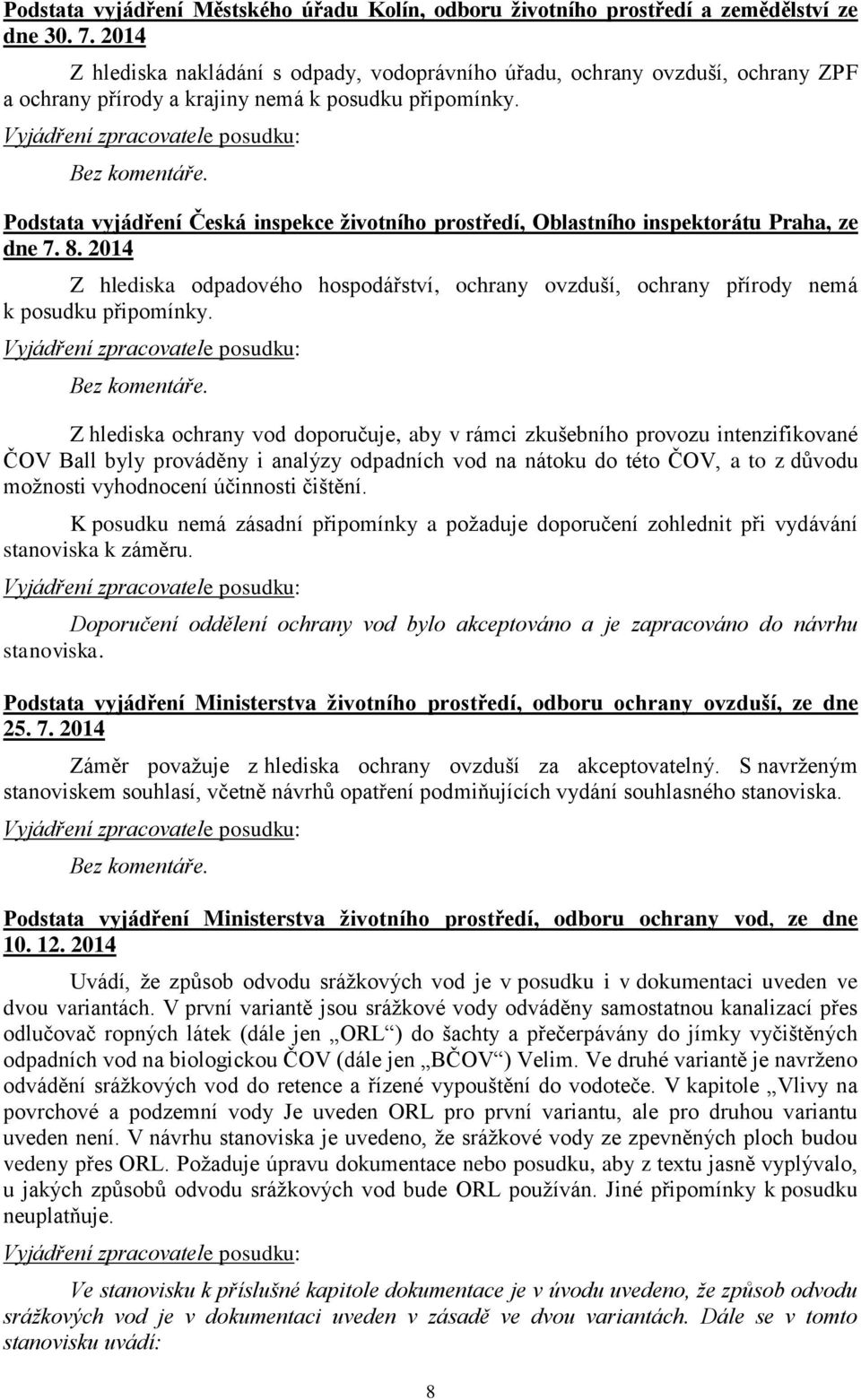 Podstata vyjádření Česká inspekce životního prostředí, Oblastního inspektorátu Praha, ze dne 7. 8. 2014 Z hlediska odpadového hospodářství, ochrany ovzduší, ochrany přírody nemá k posudku připomínky.