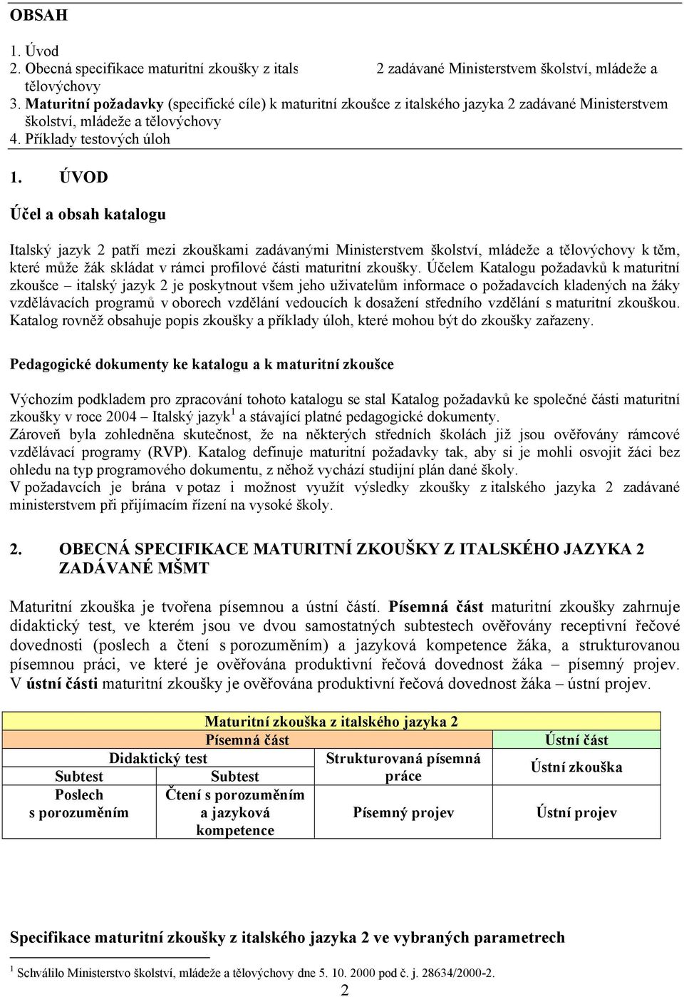 ÚVOD Účel a obsah katalogu Italský jazyk 2 patří mezi zkouškami zadávanými Ministerstvem školství, mládeže a tělovýchovy k těm, které může žák skládat v rámci profilové části maturitní zkoušky.