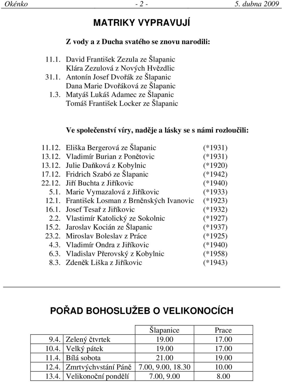 12. Julie Daňková z Kobylnic (*1920) 17.12. Fridrich Szabó ze Šlapanic (*1942) 22.12. Jiří Buchta z Jiříkovic (*1940) 5.1. Marie Vymazalová z Jiříkovic (*1933) 12.1. František Losman z Brněnských Ivanovic (*1923) 16.