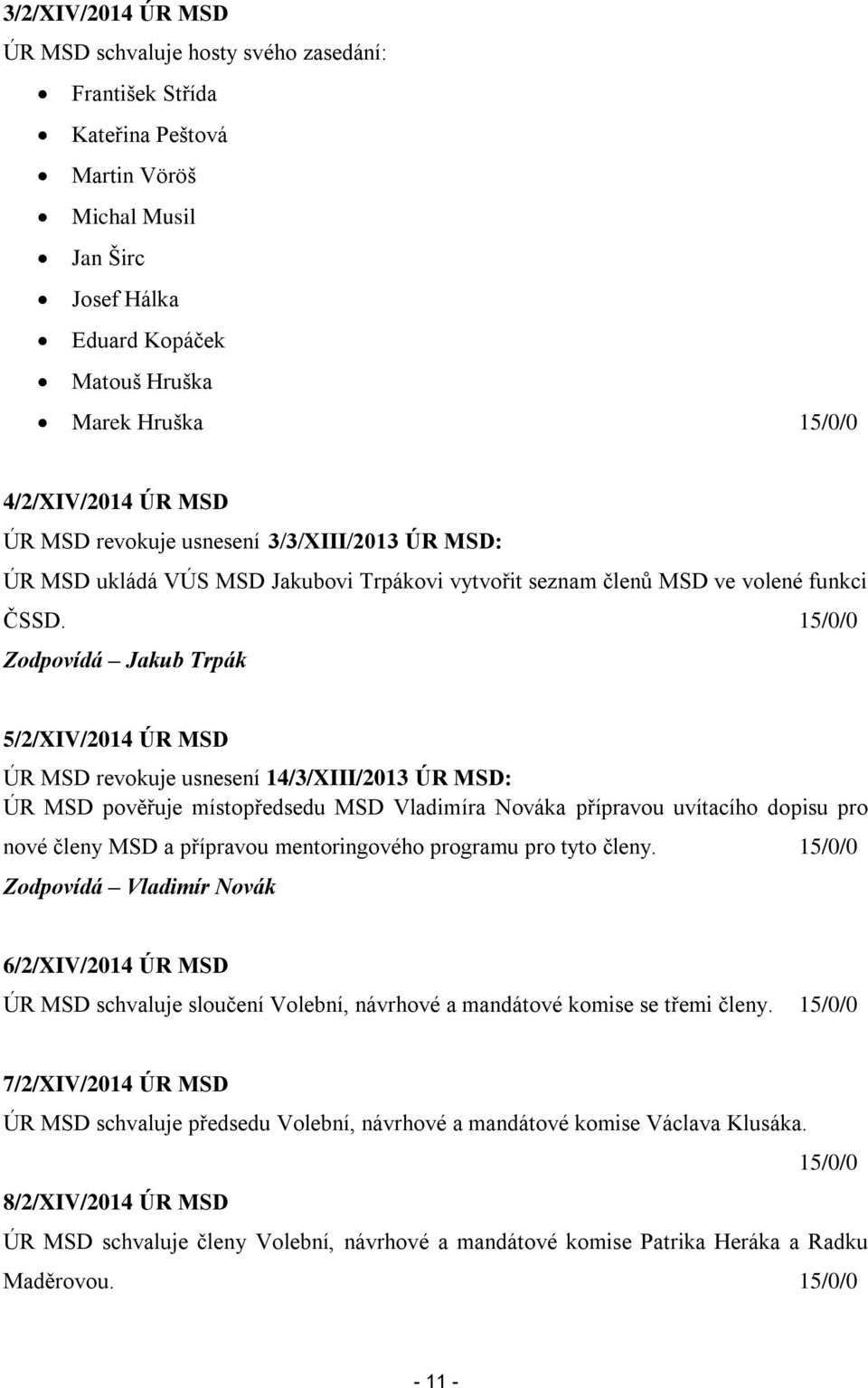 15/0/0 Zodpovídá Jakub Trpák 5/2/XIV/2014 ÚR MSD ÚR MSD revokuje usnesení 14/3/XIII/2013 ÚR MSD: ÚR MSD pověřuje místopředsedu MSD Vladimíra Nováka přípravou uvítacího dopisu pro nové členy MSD a