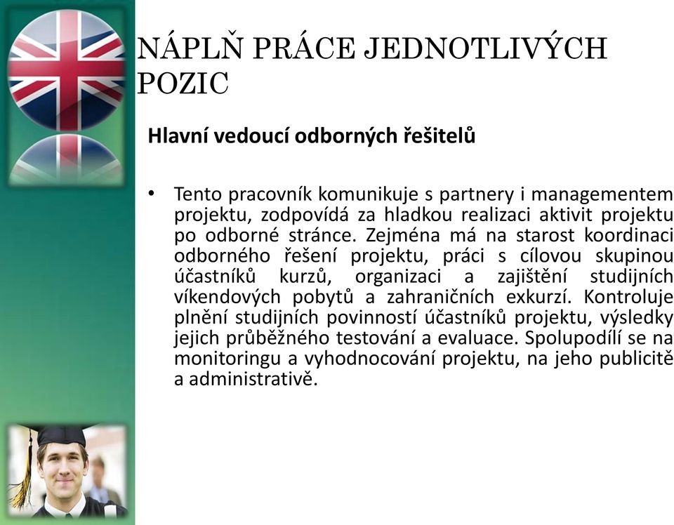 Zejména má na starost koordinaci odborného řešení projektu, práci s cílovou skupinou účastníků kurzů, organizaci a zajištění studijních