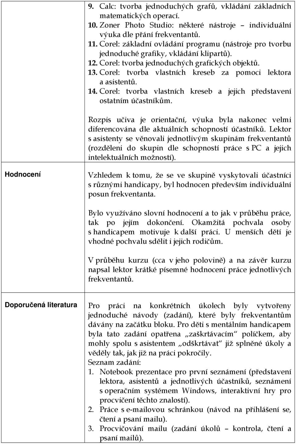 Corel: tvorba vlastních kreseb za pomoci lektora a asistentů. 14. Corel: tvorba vlastních kreseb a jejich představení ostatním účastníkům.