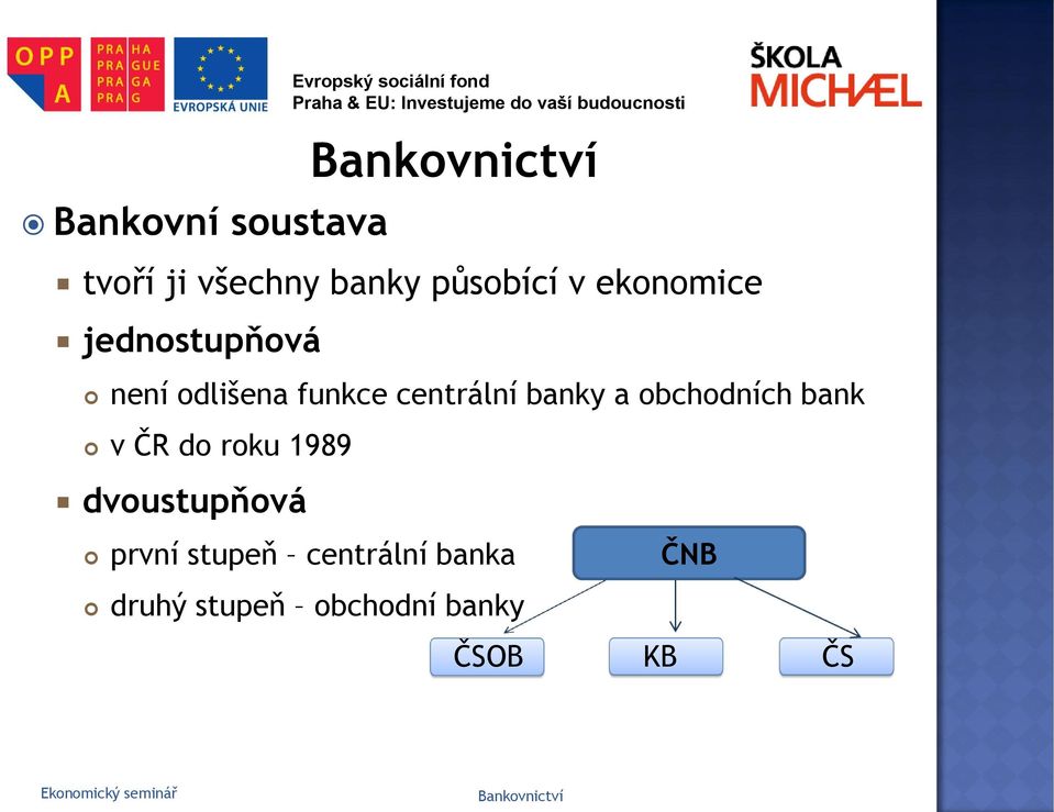 centrální banky a obchodních bank v ČR do roku 1989 dvoustupňová první