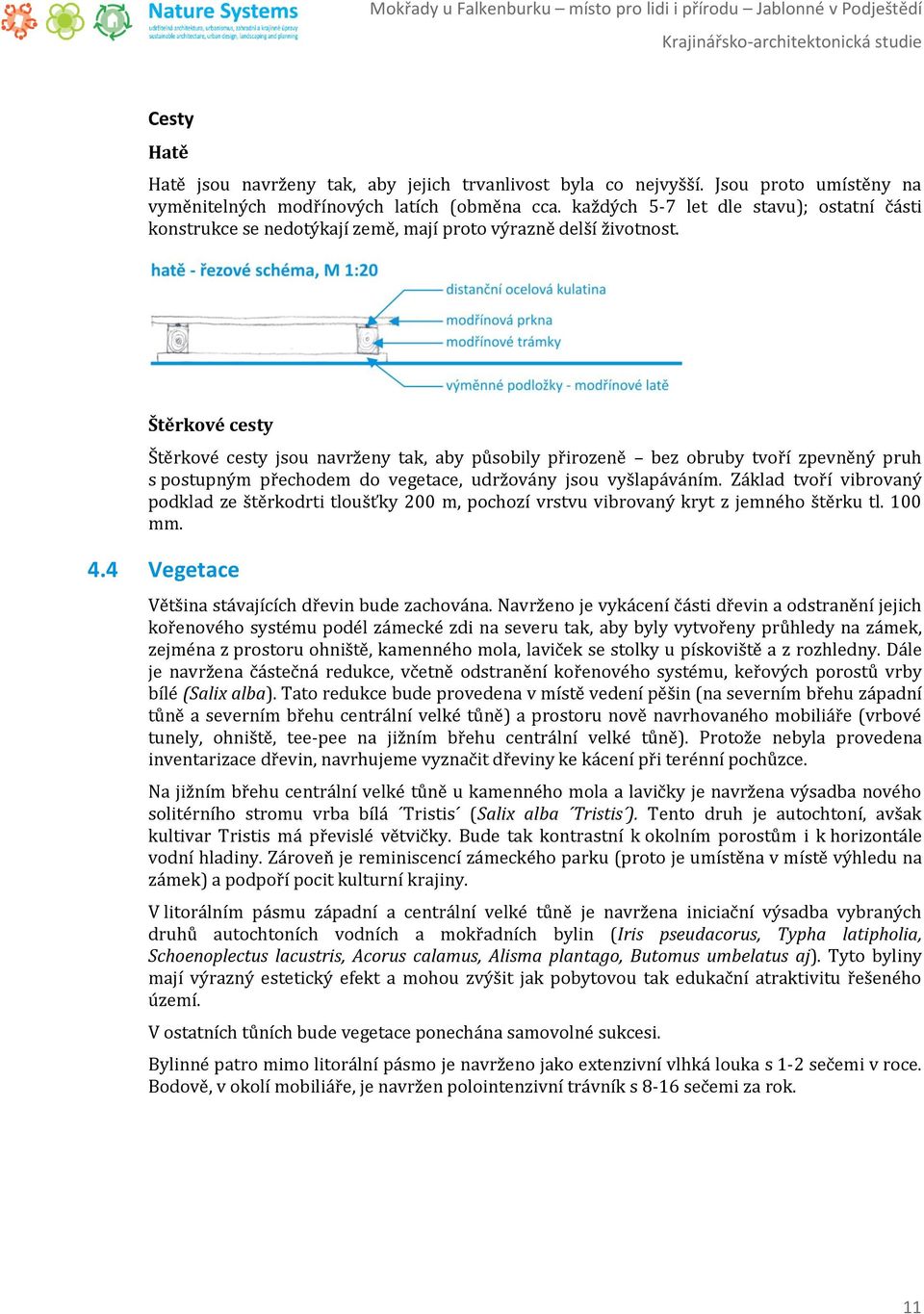 Štěrkové cesty Štěrkové cesty jsou navrženy tak, aby působily přirozeně bez obruby tvoří zpevněný pruh s postupným přechodem do vegetace, udržovány jsou vyšlapáváním.