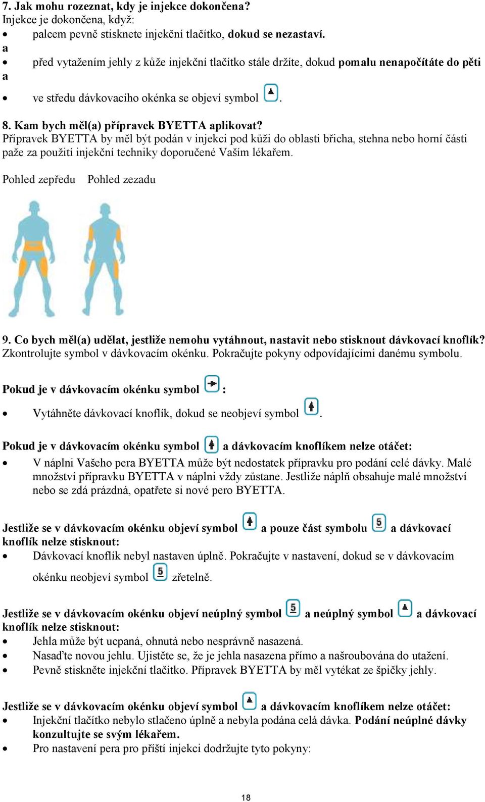 Přípravek BYETTA by měl být podán v injekci pod kůži do oblasti břicha, stehna nebo horní části paže za použití injekční techniky doporučené Vaším lékařem. Pohled zepředu Pohled zezadu 9.