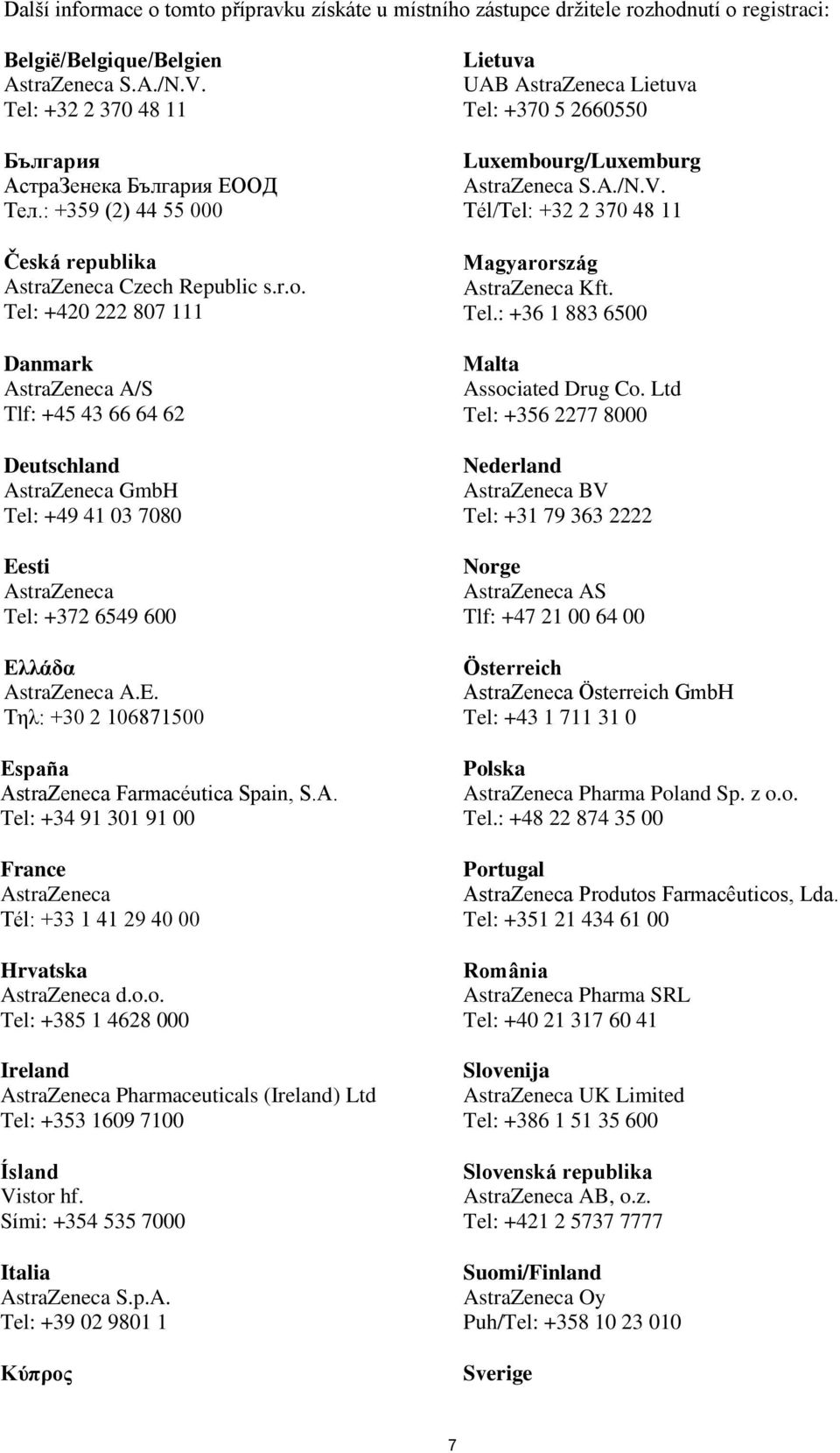 Tel: +420 222 807 111 Danmark AstraZeneca A/S Tlf: +45 43 66 64 62 Deutschland AstraZeneca GmbH Tel: +49 41 03 7080 Eesti AstraZeneca Tel: +372 6549 600 Ελλάδα AstraZeneca A.E. Τηλ: +30 2 106871500 España AstraZeneca Farmacéutica Spain, S.