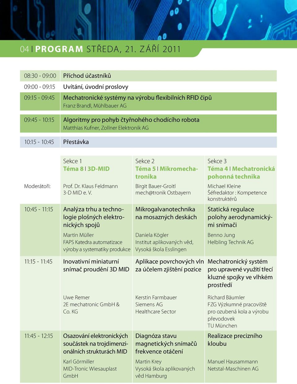 pohyb čtyřnohého chodícího robota Matthias Kufner, Zollner Elektronik AG 10:15-10:45 Přestávka Moderátoři: Sekce 1 Téma 8 I 3D-MID Prof. Dr. Klaus Feldmann 3-D MID e. V.