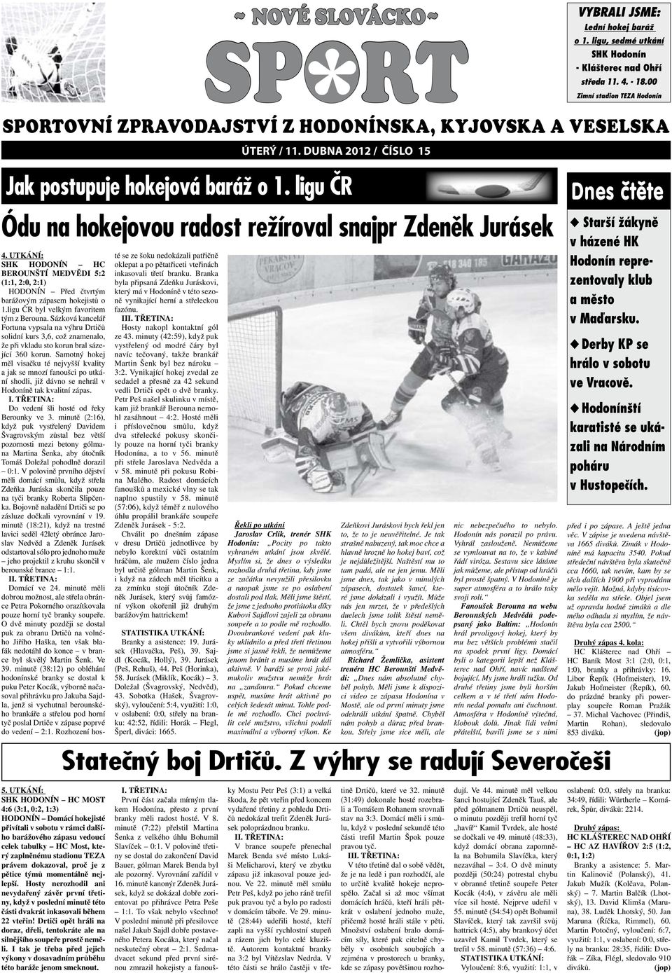 UTKÁNÍ: SHK HODONÍN HC BEROUNŠTÍ MEDVĚDI 5:2 (1:1, 2:0, 2:1) HODONÍN Před čtvrtým barážovým zápasem hokejistů o 1.ligu ČR byl velkým favoritem tým z Berouna.