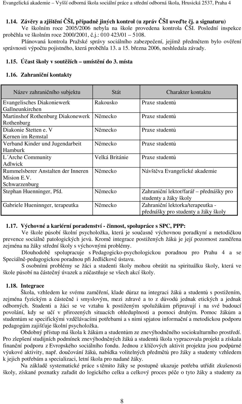 Plánovaná kontrola Pražské správy sociálního zabezpečení, jejímž předmětem bylo ověření správnosti výpočtu pojistného, která proběhla 3. a 5. března 2006, neshledala závady..5. Účast školy v soutěžích umístění do 3.