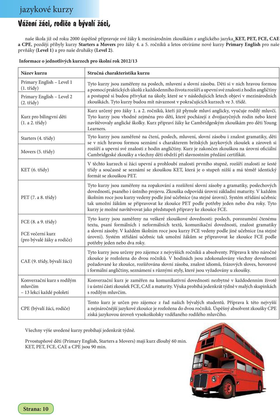 Informace o jednotlivých kurzech pro školní rok 2012/13 Název kurzu Primary English Level 1 (1. třídy) Primary English Level 2 (2. třídy) Kurz pro bilingvní děti (1. a 2. třídy) Starters (4.