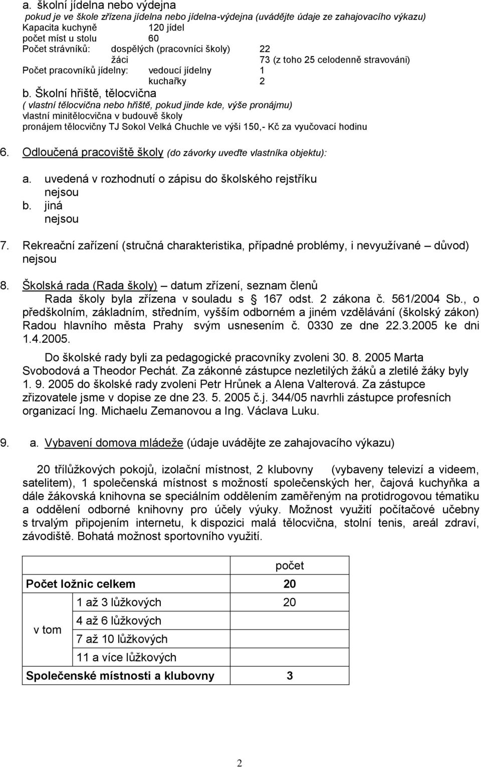 Školní hřiště, tělocvična ( vlastní tělocvična nebo hřiště, pokud jinde kde, výše pronájmu) vlastní minitělocvična v budouvě školy pronájem tělocvičny TJ Sokol Velká Chuchle ve výši 150,- Kč za