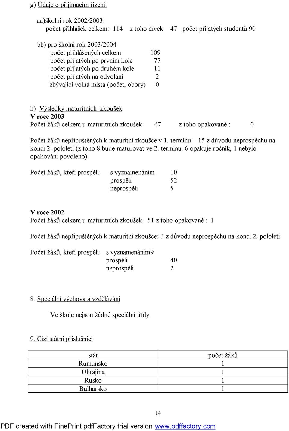 maturitních zkoušek: 67 z toho opakovaně : 0 Počet žáků nepřipuštěných k maturitní zkoušce v 1. termínu 15 z důvodu neprospěchu na konci 2. pololetí (z toho 8 bude maturovat ve 2.