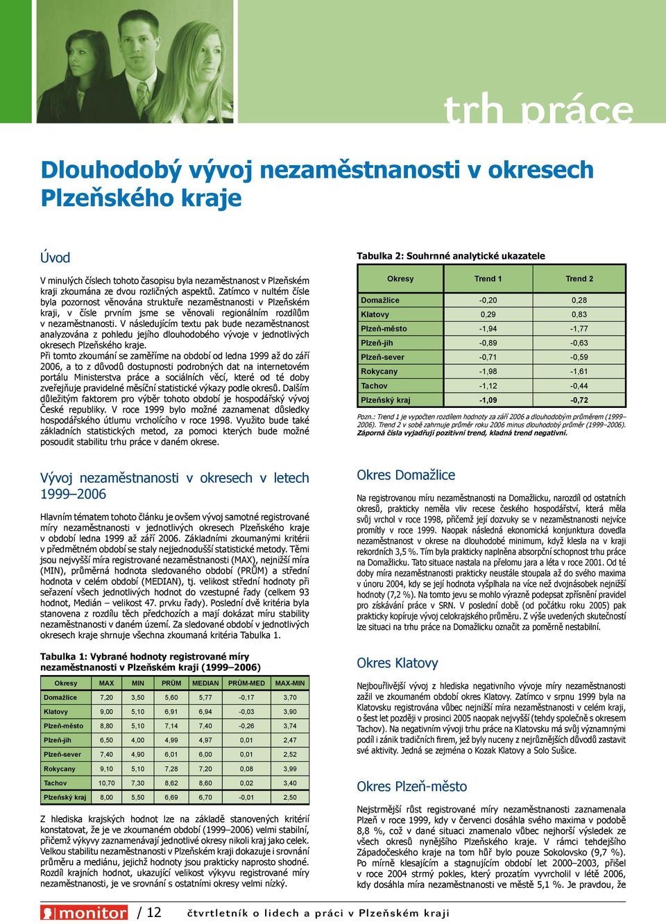 V následujícím textu pak bude nezaměstnanost analyzována z pohledu jejího dlouhodobého vývoje v jednotlivých okresech Plzeňského kraje.