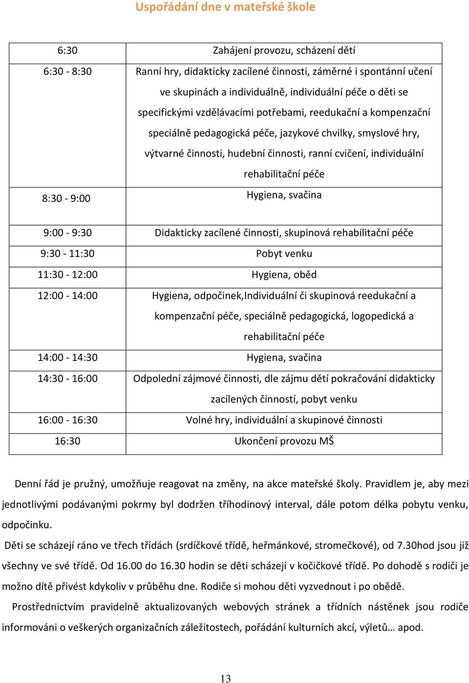 rehabilitační péče 8:30-9:00 Hygiena, svačina 9:00-9:30 Didakticky zacílené činnosti, skupinová rehabilitační péče 9:30-11:30 Pobyt venku 11:30-12:00 Hygiena, oběd 12:00-14:00 Hygiena,