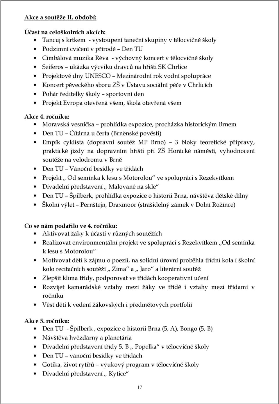 Seiferos ukázka výcviku dravců na hřišti SK Chrlice Projektové dny UNESCO Mezinárodní rok vodní spolupráce Koncert pěveckého sboru ZŠ v Ústavu sociální péče v Chrlicích Pohár ředitelky školy