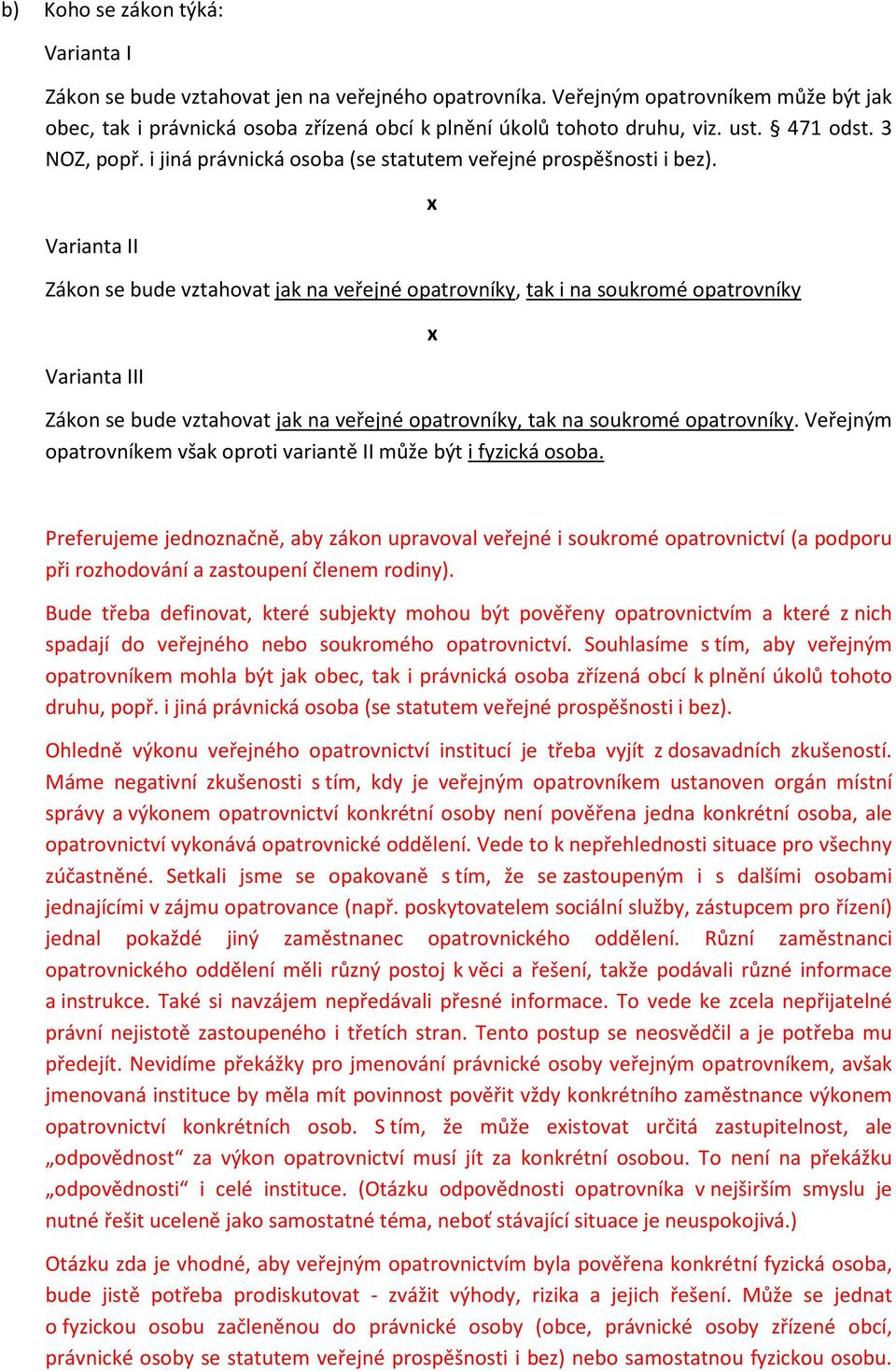 Varianta II Zákon se bude vztahovat jak na veřejné opatrovníky, tak i na soukromé opatrovníky Varianta III x x Zákon se bude vztahovat jak na veřejné opatrovníky, tak na soukromé opatrovníky.