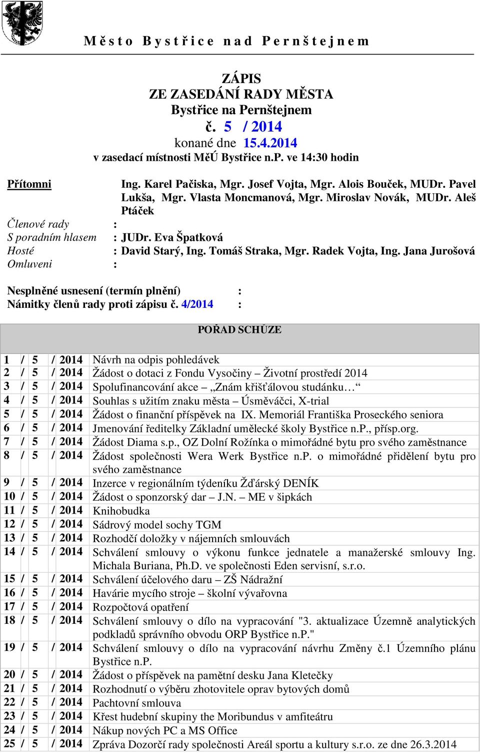 Aleš Ptáček Členové rady : S poradním hlasem : JUDr. Eva Špatková Hosté : David Starý, Ing. Tomáš Straka, Mgr. Radek Vojta, Ing.