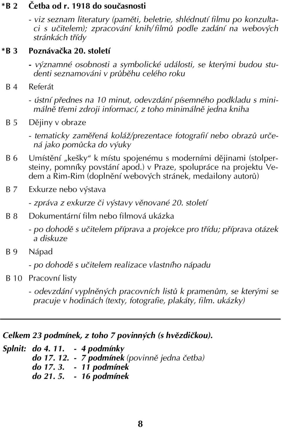 století - významné osobnosti a symbolické události, se kterými budou studenti seznamováni v průběhu celého roku Referát - ústní přednes na 10 minut, odevzdání písemného podkladu s minimálně třemi