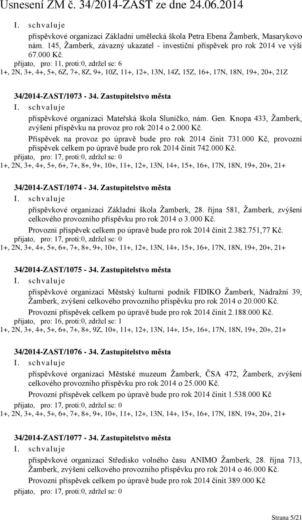 Zastupitelstvo města příspěvkové organizaci Mateřská škola Sluníčko, nám. Gen. Knopa 433, Žamberk, zvýšení příspěvku na provoz pro rok 2014 o 2.000 Kč.