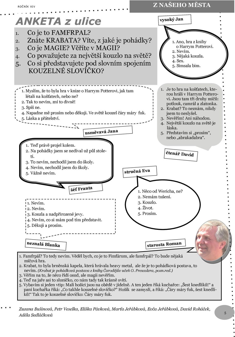 2. Tak to nevím, zní to divně! 3. Spíš ne. 4. Napadne mě prosím nebo děkuji. Ve světě kouzel čáry máry fuk. 5. Láska a přátelství. usměvavá Jana 1. Teď právě projel kolem. 2.