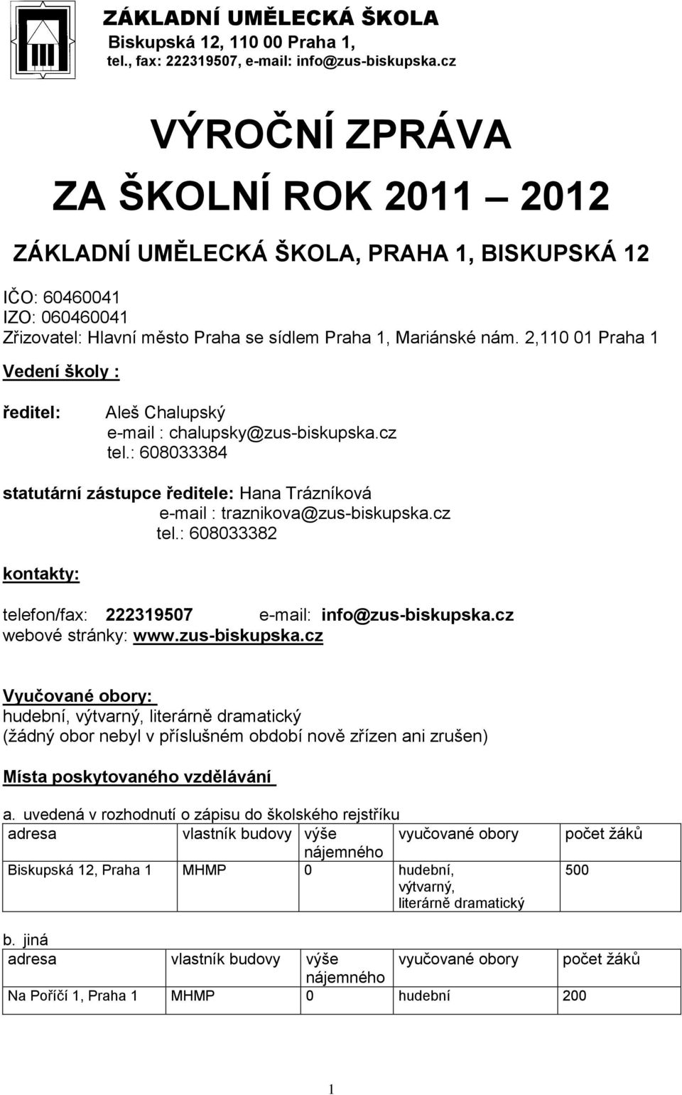 2,110 01 Praha 1 Vedení školy : ředitel: Aleš Chalupský e-mail : chalupsky@zus-biskupska.cz tel.: 608033384 statutární zástupce ředitele: Hana Trázníková e-mail : traznikova@zus-biskupska.cz tel.: 608033382 kontakty: telefon/fax: 222319507 e-mail: info@zus-biskupska.