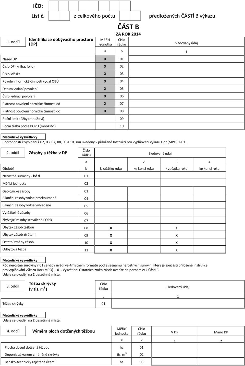 jednací povolení X 06 Platnost povolení hornické činnosti od X 07 Platnost povolení hornické činnosti do X 08 Roční limit těžby (množství) 09 Roční těžba podle POPD (množství) 10 Podrobnosti k