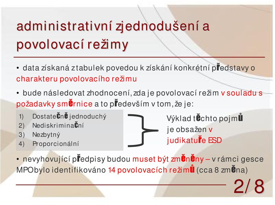 že je: 1) Dostatečně jednoduchý 2) Nediskriminační 3) Nezbytný 4) Proporcionální Výklad těchto pojmů je obsažen v judikatuře