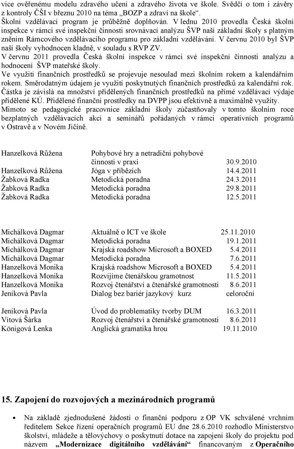 V červnu 21 byl ŠVP naší školy vyhodnocen kladně, v souladu s RVP ZV. V červnu 211 provedla Česká školní inspekce v rámci své inspekční činnosti analýzu a hodnocení ŠVP mateřské školy.