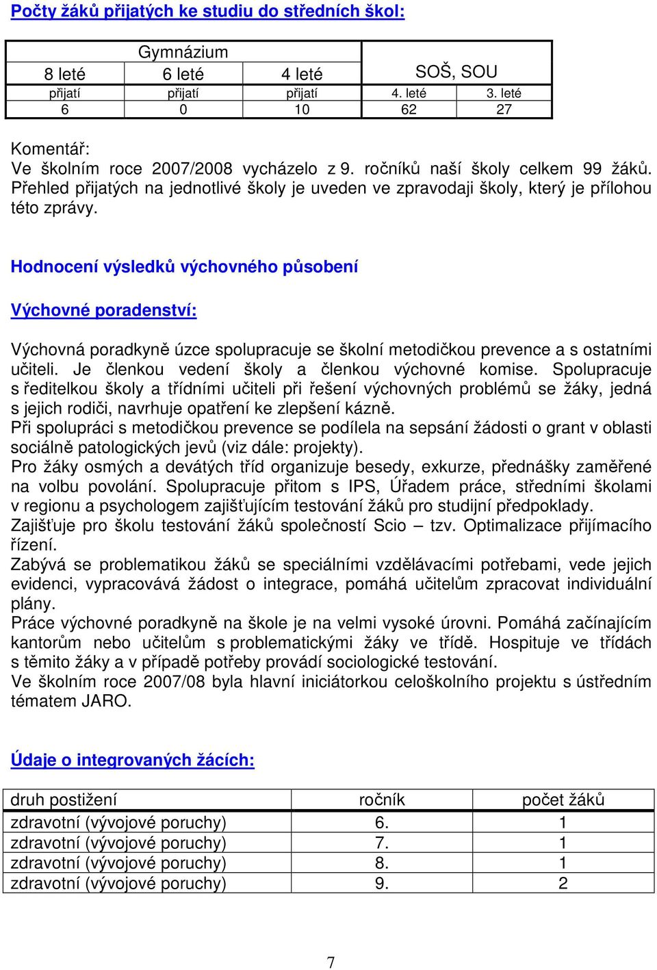 Hodnocení výsledků výchovného působení Výchovné poradenství: Výchovná poradkyně úzce spolupracuje se školní metodičkou prevence a s ostatními učiteli.