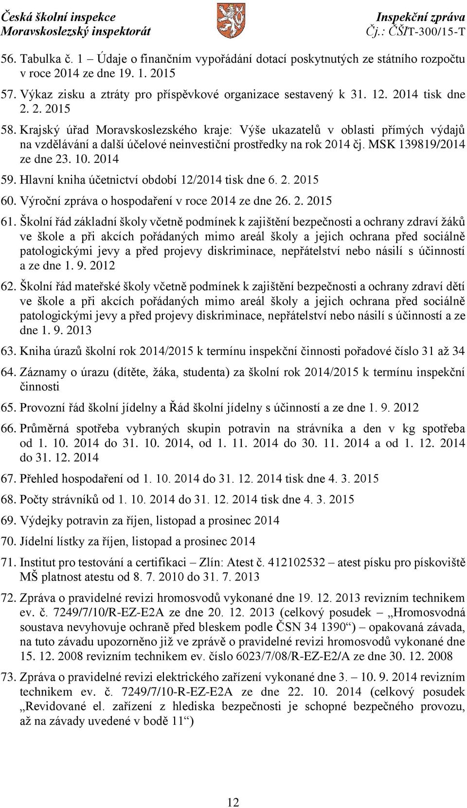 MSK 139819/2014 ze dne 23. 10. 2014 59. Hlavní kniha účetnictví období 12/2014 tisk dne 6. 2. 2015 60. Výroční zpráva o hospodaření v roce 2014 ze dne 26. 2. 2015 61.