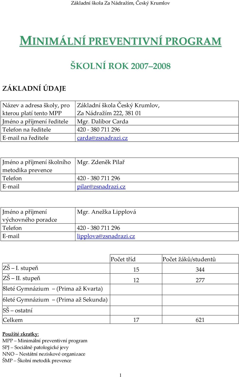 cz Jméno a příjmení Mgr. Anežka Lipplová výchovného poradce Telefon 420-380711296 E-mail lipplova@zsnadrazi.cz Počet tříd Počet žáků/studentů ZŠ I. stupeň 15 344 ZŠ II.