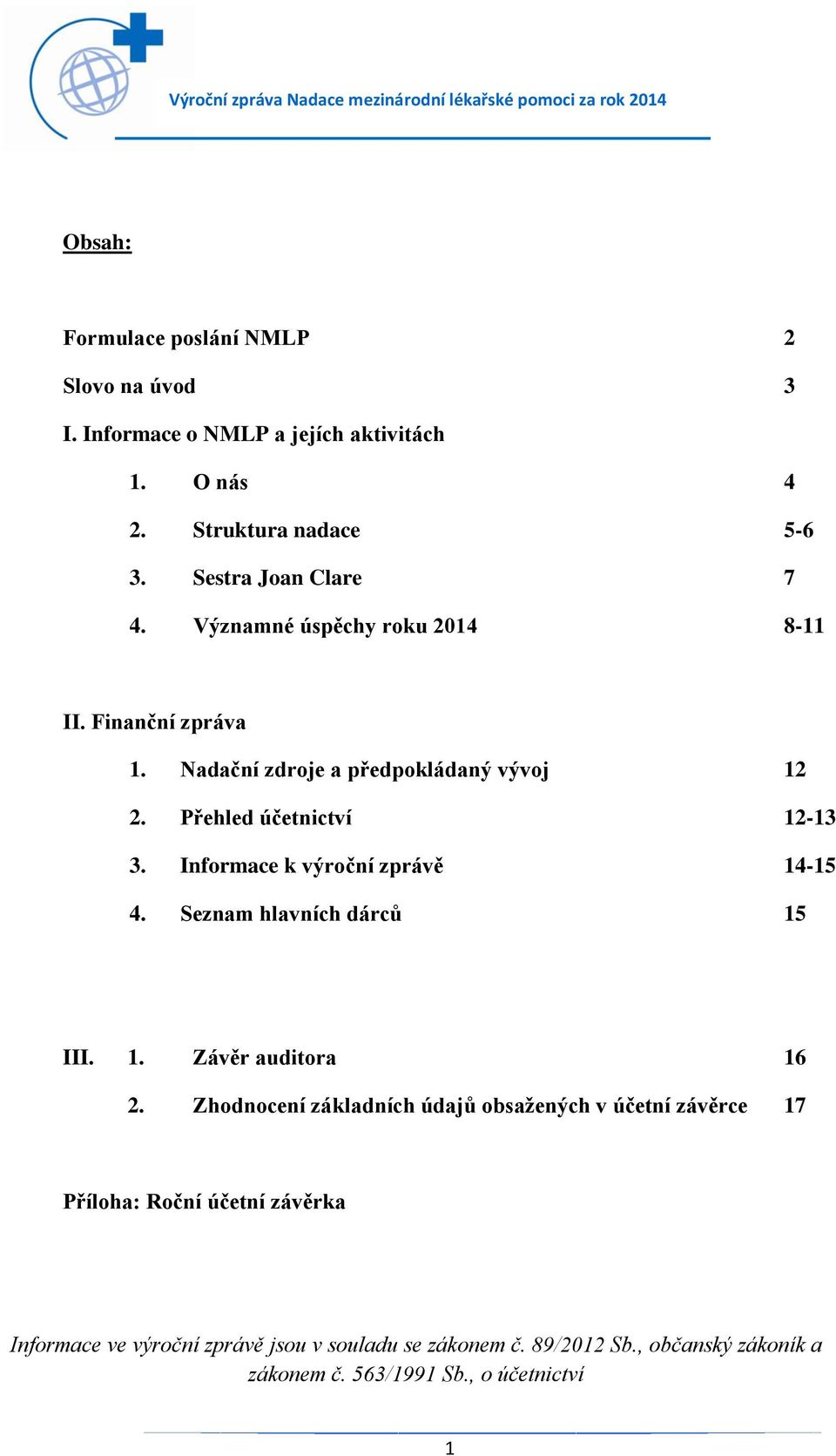 Přehled účetnictví 12-13 3. Informace k výroční zprávě 14-15 4. Seznam hlavních dárců 15 III. 1. Závěr auditora 16 2.