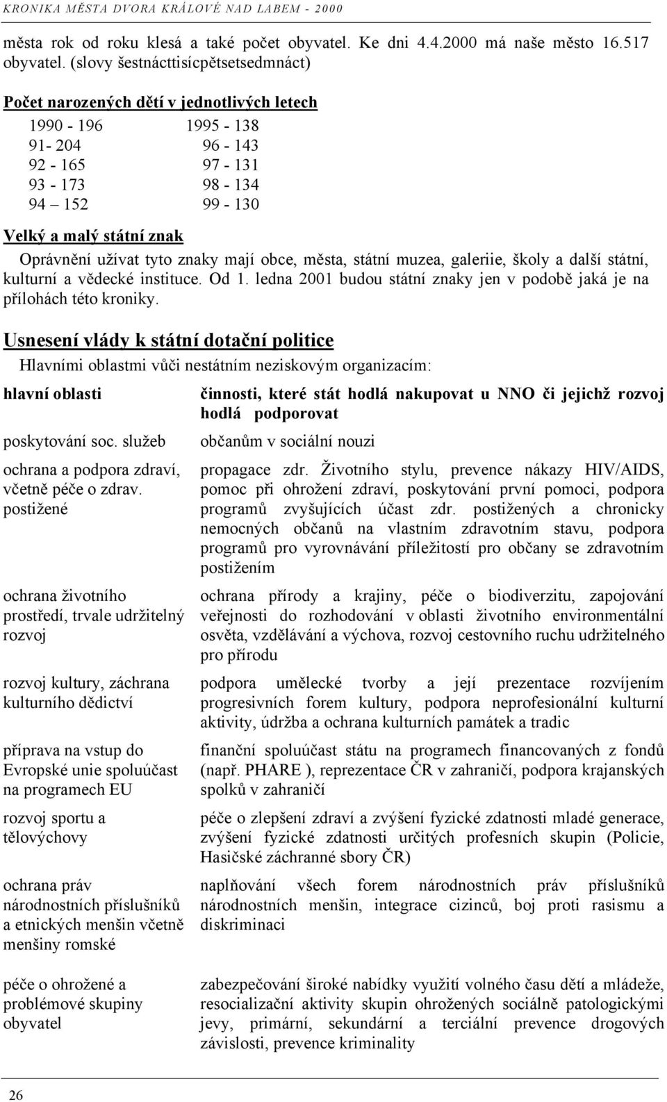 tyto znaky mají obce, m sta, státní muzea, galeriie, školy a další státní, kulturní a v decké instituce. Od 1. ledna 2001 budou státní znaky jen v podob jaká je na p ílohách této kroniky.